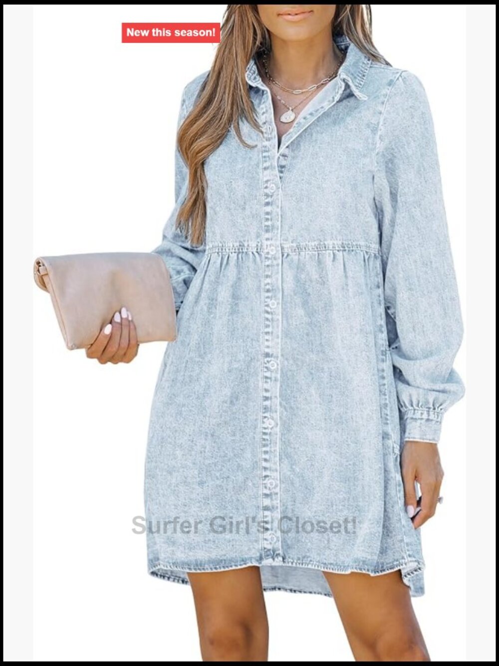 Long Sleeve Denim Babydoll Dress Button Down Casual Jean Shirt Dress Women